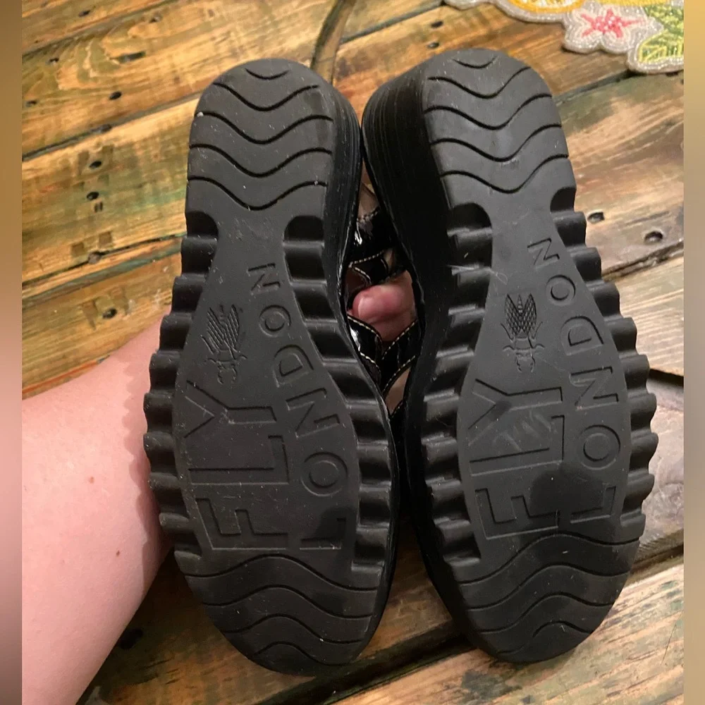 FLY London Multi-strap Lace Up Wedge Black Patent Yito Sandals - Picture 6 of 11